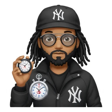 African American Man with shoulder length black dreadlocks with black beard wearing black sunglasses wearing a black bubble winter coat and a New York Yankees logo baseball cap holding a stopwatch sticker