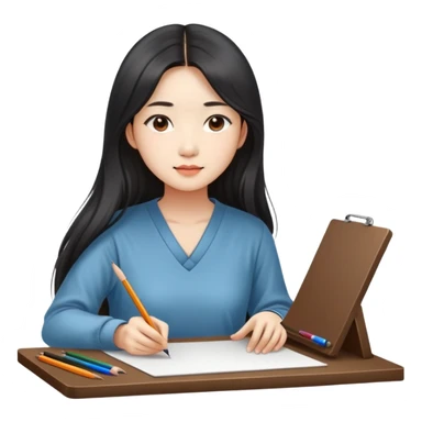 Asian woman in long hair drawing on drawing table  sticker