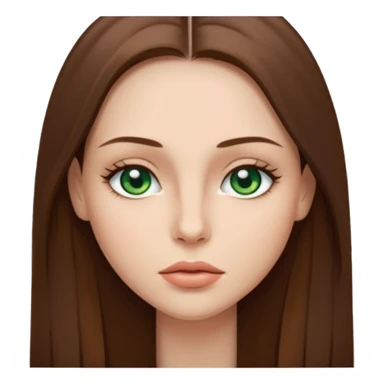 Female face emoji. Straight long brown hair, fair skin, green eyes, neutral expression, closed lips, minimal makeup sticker