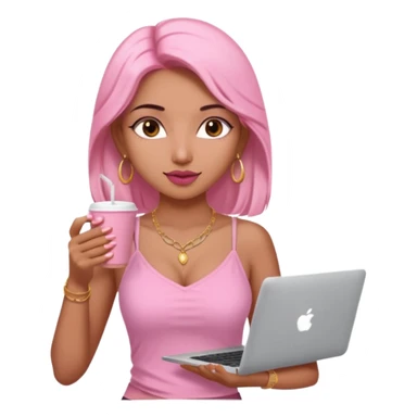 a pretty fair indian bratz girl with a pink cami top, drinking takeaway brown coffee, golden dainty necklace and carrying a white macbook sticker