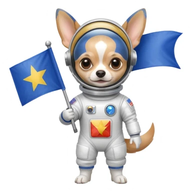 a chihuahua in space suit, holding blue rectangle flag, full body, front view sticker
