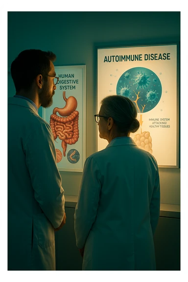 In italiano Realistic, detailed photo taken from behind of two doctors—a bearded man and a middle-aged woman—standing side by side in a modern medical office, intently studying a large, illuminated medical chart on the wall. The chart displays a detailed diagram of the human digestive system, highlighting the intestines and showing microscopic images of intestinal parasites. Next to it, another chart illustrates the immune system attacking healthy tissues, visually connecting gut parasites to autoimmune disease mechanisms. The room is bathed in a single green-blue color, with a warm, yellow-orange light casting soft shadows around the doctors. Both wear white coats and have serious, focused expressions, suggesting a deep discussion about the root causes of autoimmune conditions. Shot with a Canon EOS R5, with high detail, natural depth of field, and a clinical yet dramatic atmosphere. sticker