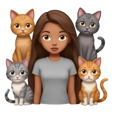 a pretty bratz dusky girl with long brown hair with six cats nd wearing a grey tshirt sticker