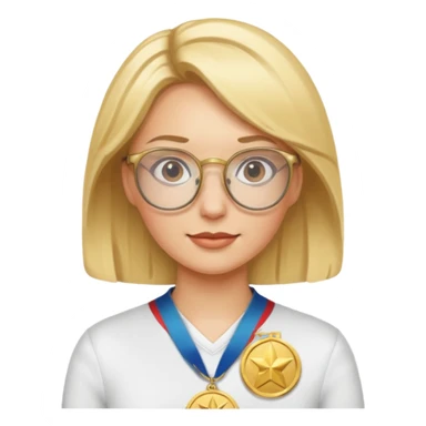 Describe a blonde woman wearing glasses with a gold medal sticker