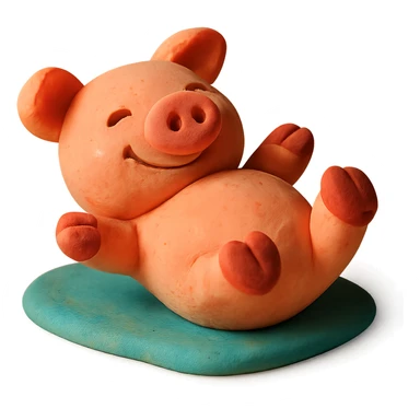pig lying on its back, smiling, soft lighting, vibrant colors, claymation style sticker