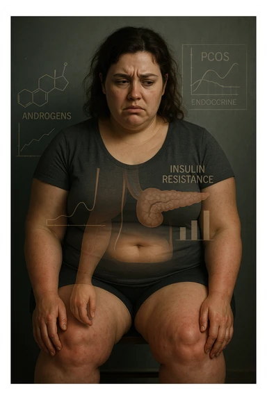 cinematic realistic in italiano Woman with PCOS struggling with hormonal chaos, transparent overlay showing elevated androgens and insulin resistance affecting her body, lipedema causing disproportionate fat accumulation in legs and arms despite normal torso, expression of frustration with unexplained weight gain, medical charts showing complex endocrine dysfunction, painful swollen limbs contrasting with metabolic confusion scrivi in italiano sticker