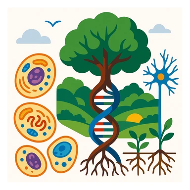 A realistic biological illustration (like in a school book) showing: DNA strands transitioning into a tree, cells with visible organelles, neurons connected to plant roots  and a balanced ecosystem background . Seamless integration, no labels or borders, complete white background (not off white!), detailed but minimalist.  sticker