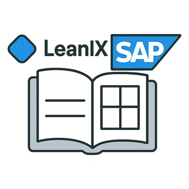 minimal icon combining LeanIX and SAP logos with a catalog element like an open book or grid, unified in a clean, simple tech style, using blue, white, and gray colors, modern outline style sticker