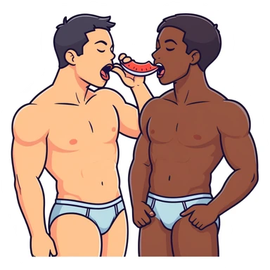 White adult male dark hair,dark skin  adult male,  naked, intense sexual touching laying on bed ,orgasm, cum,open mouth tongue kissing closed eyes, hand inside underwear bulge sticker