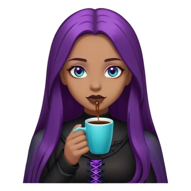 Gothic girl with cyan eyes and long smooth hairbrown. She is dressed in black and violet and drink a very good coffe with love.  sticker
