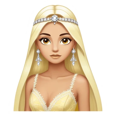 enchantress goddess with brown eyes and tanned skin and super long straight platinum blonde hair wearing a embellished light yellow and white lace gown and diamond chanel earrings sticker