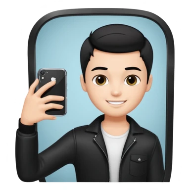 generate a pretty bratz fair skinned boy with short black hair taking a mirror selfie sticker