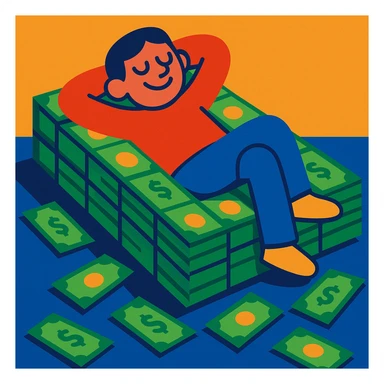 happy person napping on mattress of money sticker