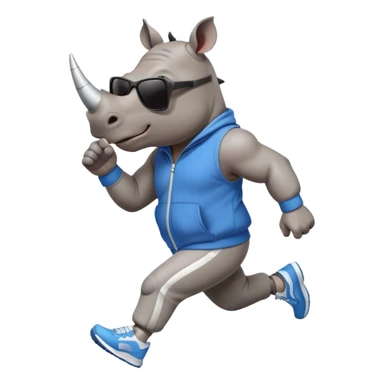 friendly anthropomorphised rhino jogging upright, wearing a sporty tracksuit and sneakers, dark sunglasses, standard pose sticker