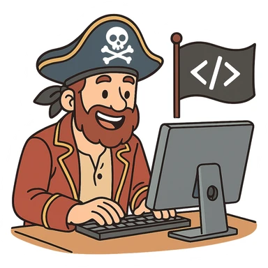 a pirate captain with a beard, coding on a desktop computer, pirate flag with code symbol, cheerful and creative, cartoon style sticker
