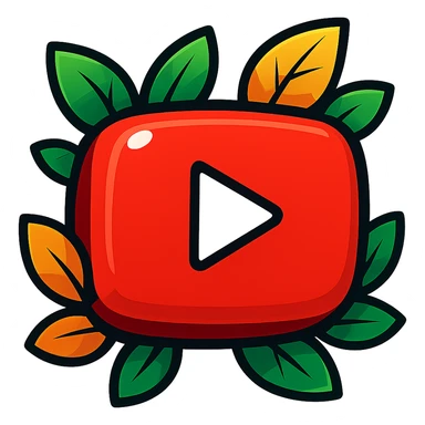 Chunky, soft, and glossy YouTube logo, vibrant toon style, bold outline, strong graphic shadows, bright highlights, decorated with colorful leaves, no background. Extra attention to contours and shine, in the style of the reference image, but even more rounded and flat. sticker