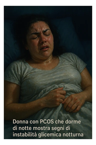 realistic and cinematic illustration of a woman with PCOS sleeping at night showing signs of nocturnal glycemic instability: sweating, agitation, pained expression, nighttime atmosphere, detailed realism, vertical 2:3 format, with Italian captions sticker