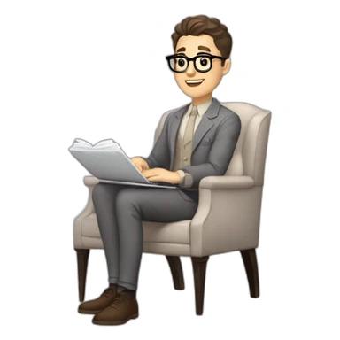 Pale skinned Fit Man With dark brown hair in gray jacket, beige office shirt, Brown pants and vintage glasses sitting In a soft chair with a notebook on spring with emblem Ψ and a pen sticker