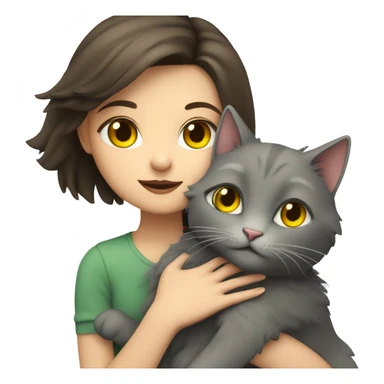 A brunette girl with green eyes and fair skin hugs a gray fluffy cat with yellow eyes sticker