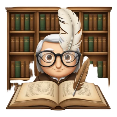 An icon featuring an open book with classic text, a feather quill, and reading glasses, symbolizing literary studies. The design includes old library shelves and vintage manuscripts in the background. Transparent background emphasizes the deep analysis of written works and literary history. sticker