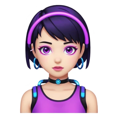 Emoji estilo anime cyberpunk: garota com cabelo curto preto, olhos roxos expressivos, expressão confiante, argolas grandes, pele iluminada por neon azul e rosa, visual moderno e vibrante, cores fortes e estilo futurista simplificado. sticker