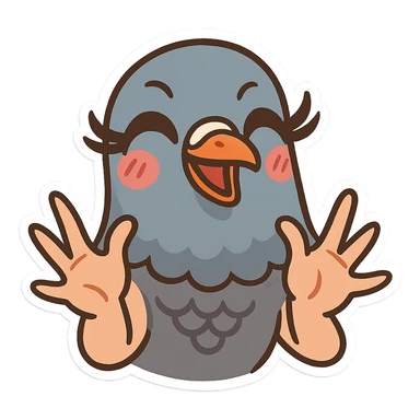 pigeon head, exaggerated eyelashes, hands making a 'yasss' motion, energetic and bold, cartoon style sticker