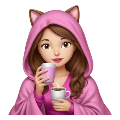 girl with long wavy brown hair, brown eyes, long lashes makeup, sexy pink lips, light to medium complexion, wearing a pink sexy silk top, big blanket over the head cozy holding a cat,  drinking coffee sticker
