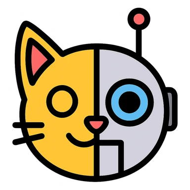 cartoon style emoji mashup of a cat and a robot, flat icon, white background, half cat half robot face sticker