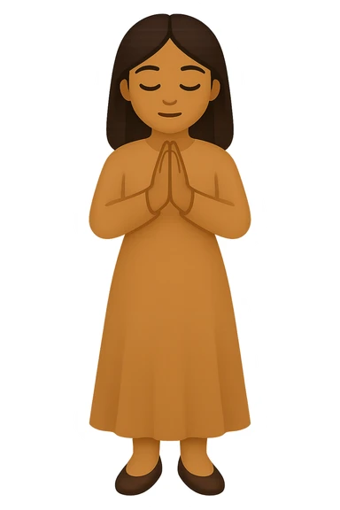 Show the woman standing and praying from the front view, wearing a long tan dress, with dark brown hair, in emoji style. Remove the background. sticker