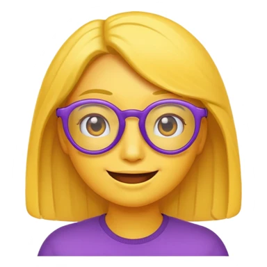 un emojis amarillo, con el cabello corto y lacio, con lentes violeta y una sonrisa sticker