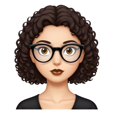 dark brown curly hair fair skin brown eyebrows brown eyes black cat eye glasses sticker