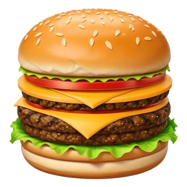 hamburger with sesame seed bun, lettuce, tomato, cheese, and patty sticker