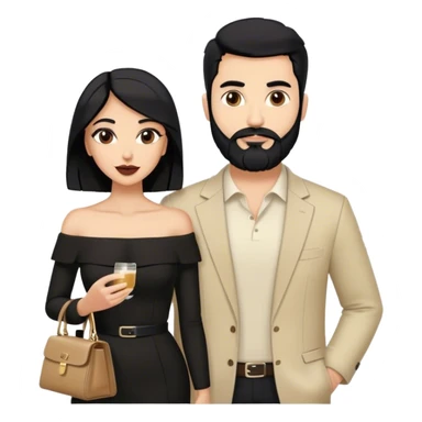 the Lebanese white skinned man with black hair and beard dressed in all black, and the Palestinian woman in an elegant off-shoulder cream-colored outfit with a handbag. sticker