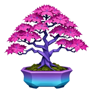 Futuristic wild alien maples Bonsai hair-fine-leaf group crimson crystal azalea purple and cream pink blue forest planting in shallow origami style pot  sticker