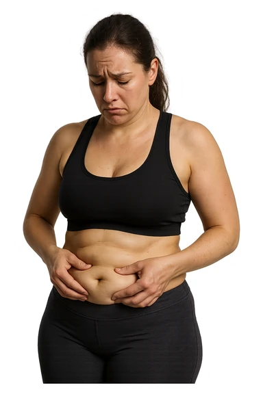 DONNA FITNESS CON GRASSO SULLA PANCIA, SI TOCCA LA PANCIA CON ESPRESSIONE TRISTE IN VOLTO, IPERREALISTICA 4K sticker