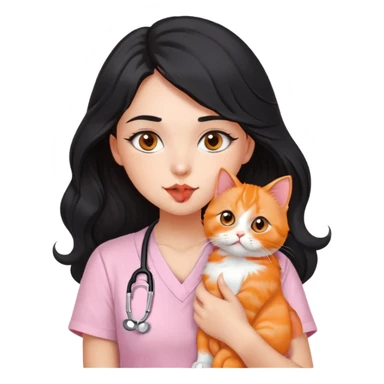 a girl with dark brown eyes and long wavy black hair wearing a short-sleeved tshirt in soft pink with a stethoscope on her neck, while doing a kissy face pose and holding her orange persian cat sticker