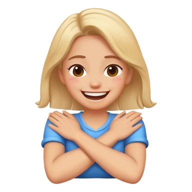 A girl with crossed arms, her hands on her neck  her self while laughing  sticker