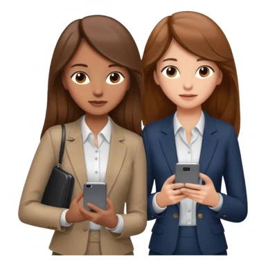 two brown haired girls, looking professional maybe leaned on each others back and looking forward and using phones, with long hair and one girl can hold lap top another one can hold the phone, professional clothes, more stylish sticker