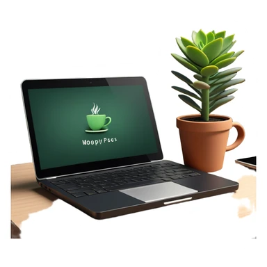 A tidy desk with a laptop, a steaming cup of coffee, and a small green potted plant, showing an organized and inspiring workspace sticker