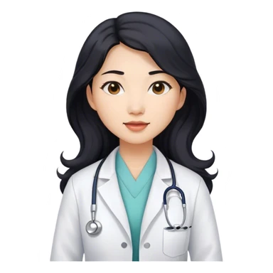 Wavy long black hair Asian female doctor in white coat sticker
