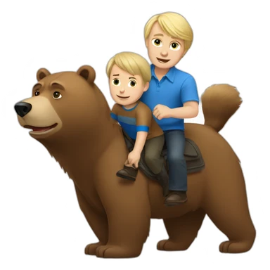 vladimir putin riding a brown bear with a little blond boy wearing a blue shirt sticker