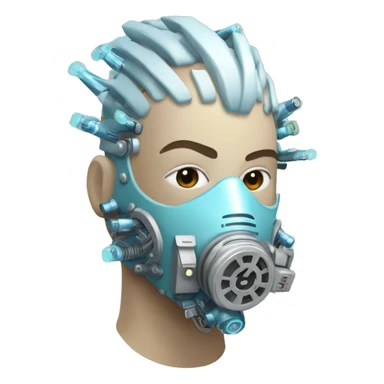 Pastel blue Mohawk cyborg head with silver respirator mask, goatee and circuits sticker