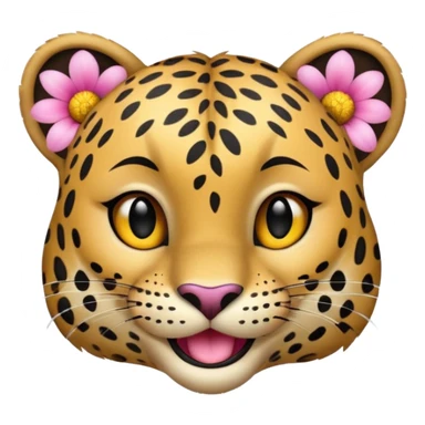 A leopard with big smile. A pink flower with a yellow center is tucked behind its right ear
 sticker