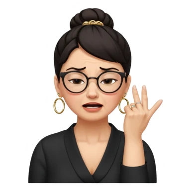  middle aged woman with dark hair pulled up in a high bun, wearing round ring earrings and glasses with a very painful expression on her face, eyes squeeed shut, wincing in pain, sticking her fingers in her ears trying to not hear a terrible singer who is too loud and out of tune.  sticker