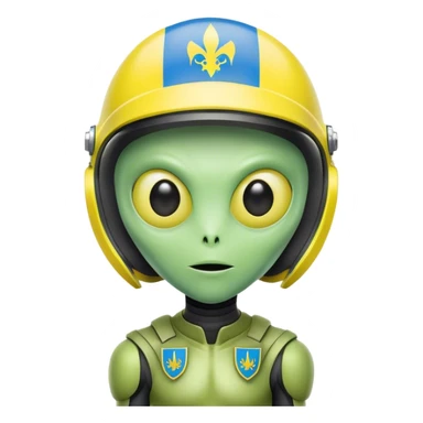 Green alien in helmet with Ukraine flag sticker