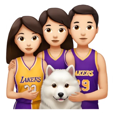 Brunettte asian couple with a Samoyed . Long hair brunette female. Short hair brunette male with lakers jersey.  sticker