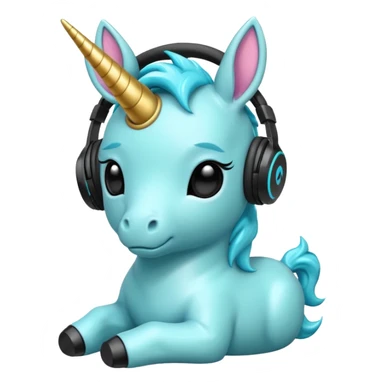 Unicornio bebé cyan sentado escuchando música con auriculares negros sticker