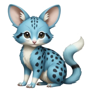 Cyan-blue, soft realistic romantic vintage antique divine beautiful elegant pretty precious cute young youthful  Fakémon-Pokémon-opossum-feline-mouse-serval-caracal-chinchilla-Minccino-Cinccino-Meowstic-rodent-hybrid-creature with a big fluffy bushy tail (full body) sticker