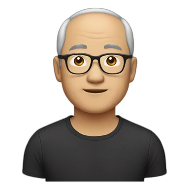 fifty year old Chinese man with small-flat-head wearing  eyeglasses and black t-shirt sticker