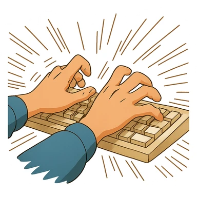 ghibli style hands typing rapidly with motion lines, energetic sticker